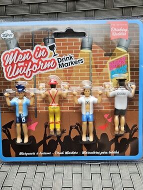*New npw Men in Uniform Drink Marker Drinking Buddies Multi Color Party Set Of 4